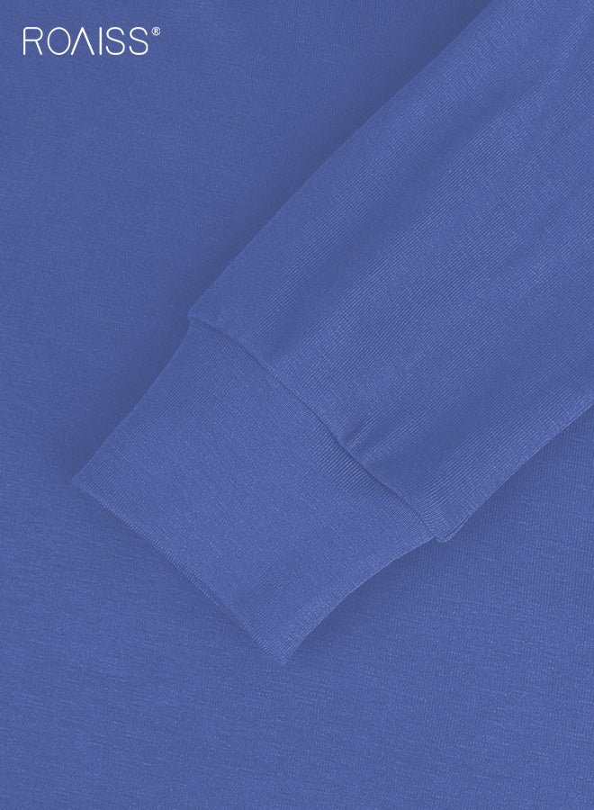 roaiss Women's Casual Blue Hooded T-Shirt with Button Detail Long Sleeve Comfortable Top, Adjustable Drawstring Hood, Breathable Polyester Blend Fabric for Daily Wear - Image 5