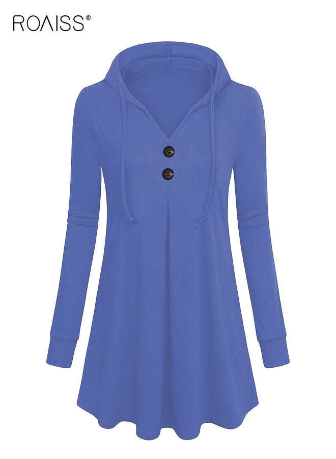 roaiss Women's Casual Blue Hooded T-Shirt with Button Detail Long Sleeve Comfortable Top, Adjustable Drawstring Hood, Breathable Polyester Blend Fabric for Daily Wear - Image 3