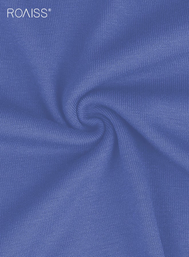 roaiss Women's Casual Blue Hooded T-Shirt with Button Detail Long Sleeve Comfortable Top, Adjustable Drawstring Hood, Breathable Polyester Blend Fabric for Daily Wear - Image 2