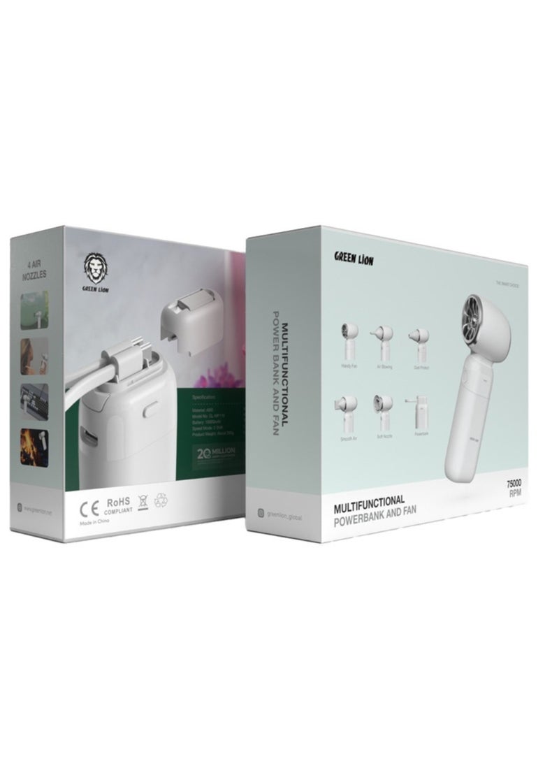 GREEN LION - Multifunctional 10000mAh Power Bank and Fan, Air Blowing, Dust Protect, Smooth Air, Soft Nozzle, Up to 9 Hours of Run Time - White - Image 1