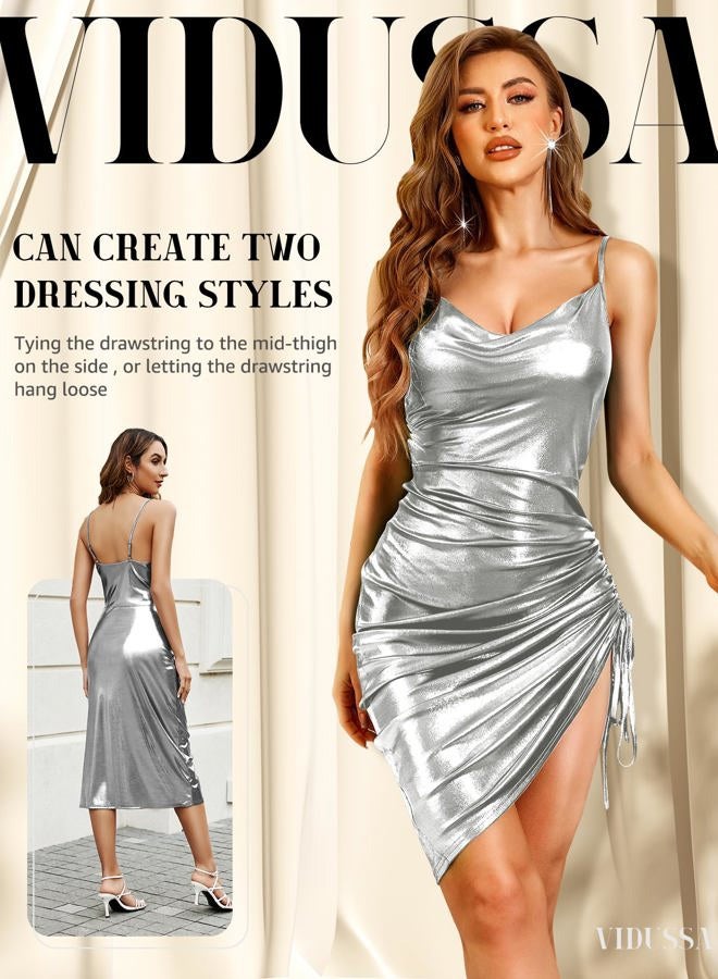 VIDUSSA Women's Sparkly Glitter Dress Cowl Neck Spaghetti Strap Ruched Bodycon Cocktail Party Night Club Midi Dresses, Silver, M - Image 2