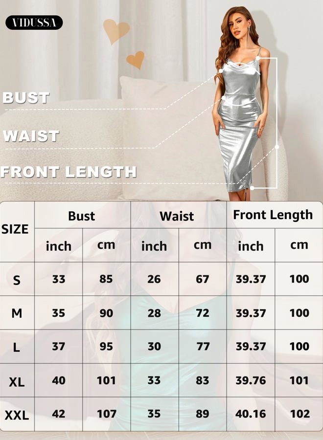 VIDUSSA Women's Sparkly Glitter Dress Cowl Neck Spaghetti Strap Ruched Bodycon Cocktail Party Night Club Midi Dresses, Silver, M - Image 5