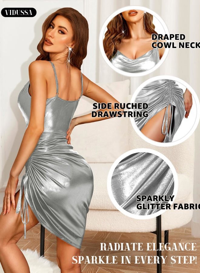 VIDUSSA Women's Sparkly Glitter Dress Cowl Neck Spaghetti Strap Ruched Bodycon Cocktail Party Night Club Midi Dresses, Silver, M - Image 4