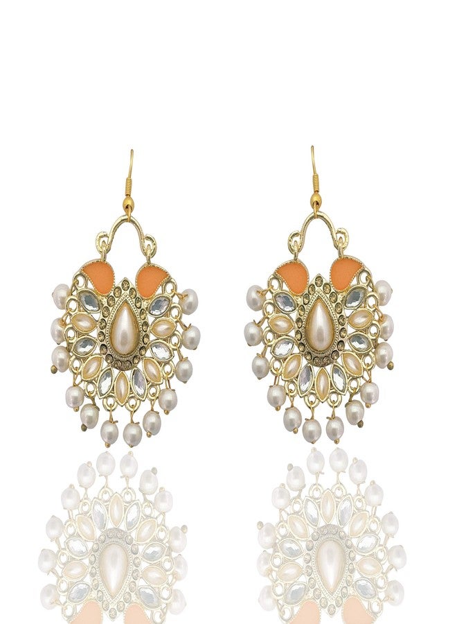 Moonstruck Traditional Indian Chandbali Kundan Hoop Earrings With Pearls for Women (Peach) - Image 1