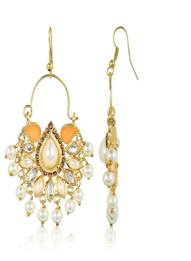 Moonstruck Traditional Indian Chandbali Kundan Hoop Earrings With Pearls for Women (Peach) - Image 3