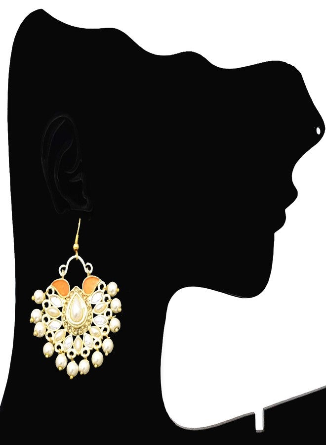 Moonstruck Traditional Indian Chandbali Kundan Hoop Earrings With Pearls for Women (Peach) - Image 2