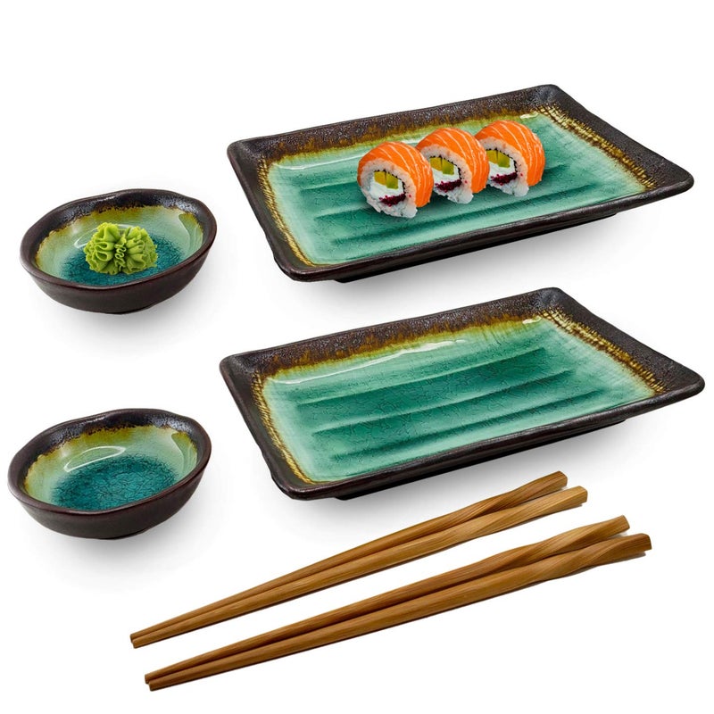 Happy Sales HSST6CDTQDR 6 PC Japanese Sushi Plate Dinnerware set Caldera Turquoise