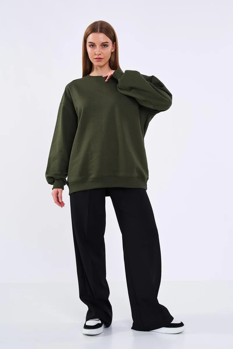 mmetalic Metalic Khaki Women's Cotton Oversize Basic Crew Neck Sweatshirt
