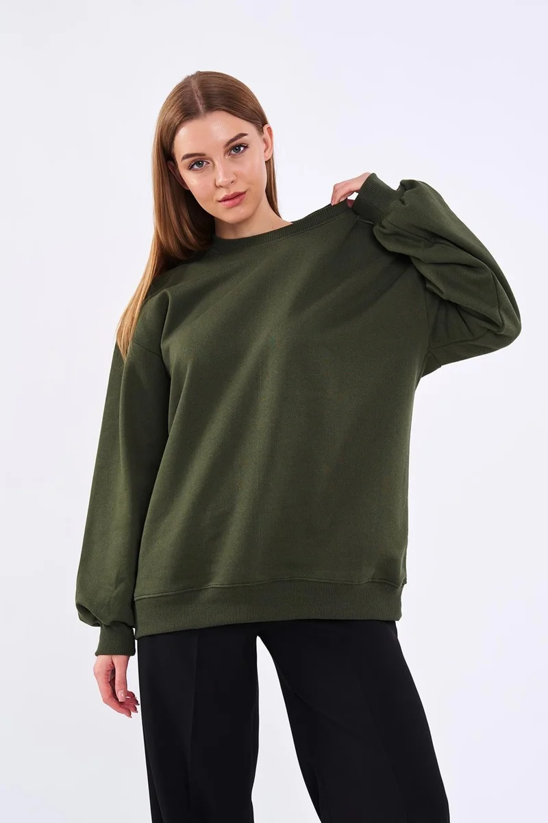 mmetalic Metalic Khaki Women's Cotton Oversize Basic Crew Neck Sweatshirt
