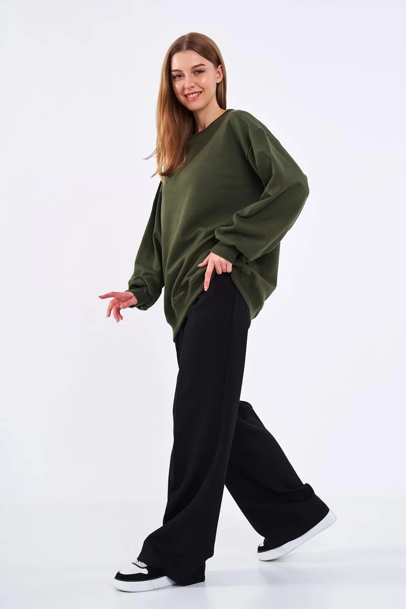 mmetalic Metalic Khaki Women's Cotton Oversize Basic Crew Neck Sweatshirt