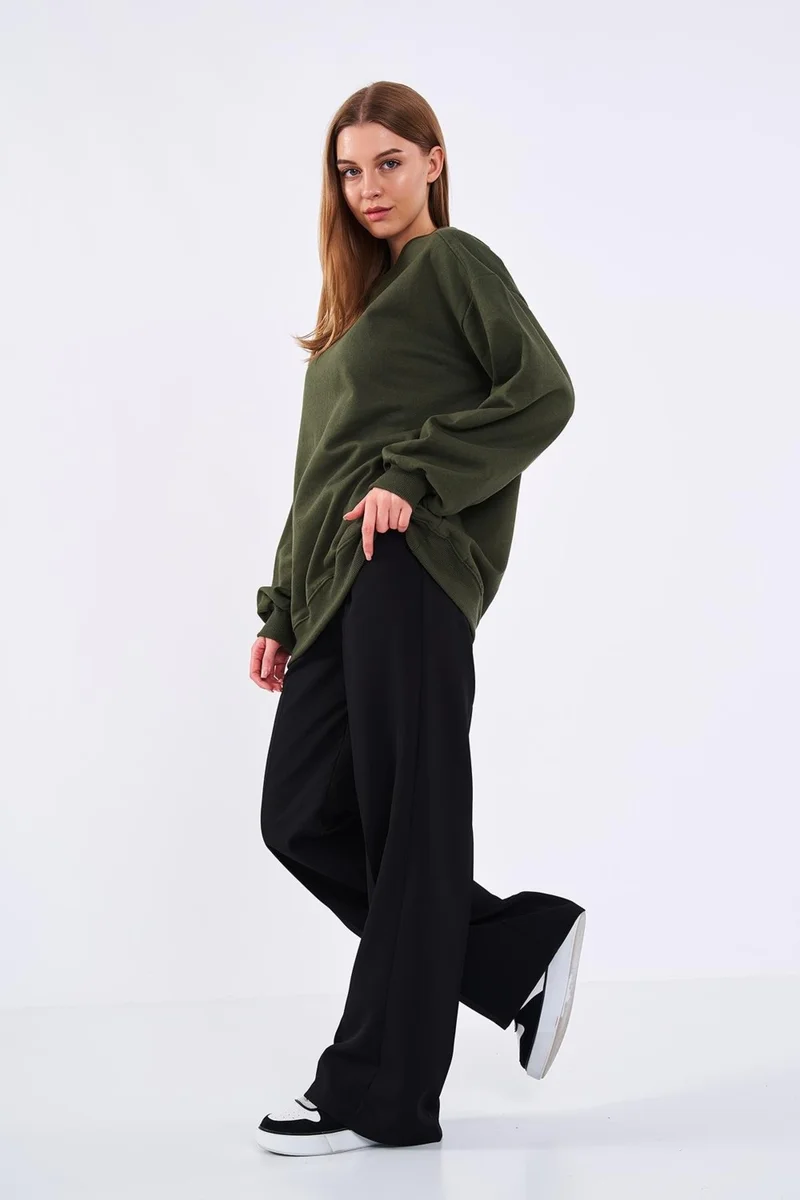 mmetalic Metalic Khaki Women's Cotton Oversize Basic Crew Neck Sweatshirt