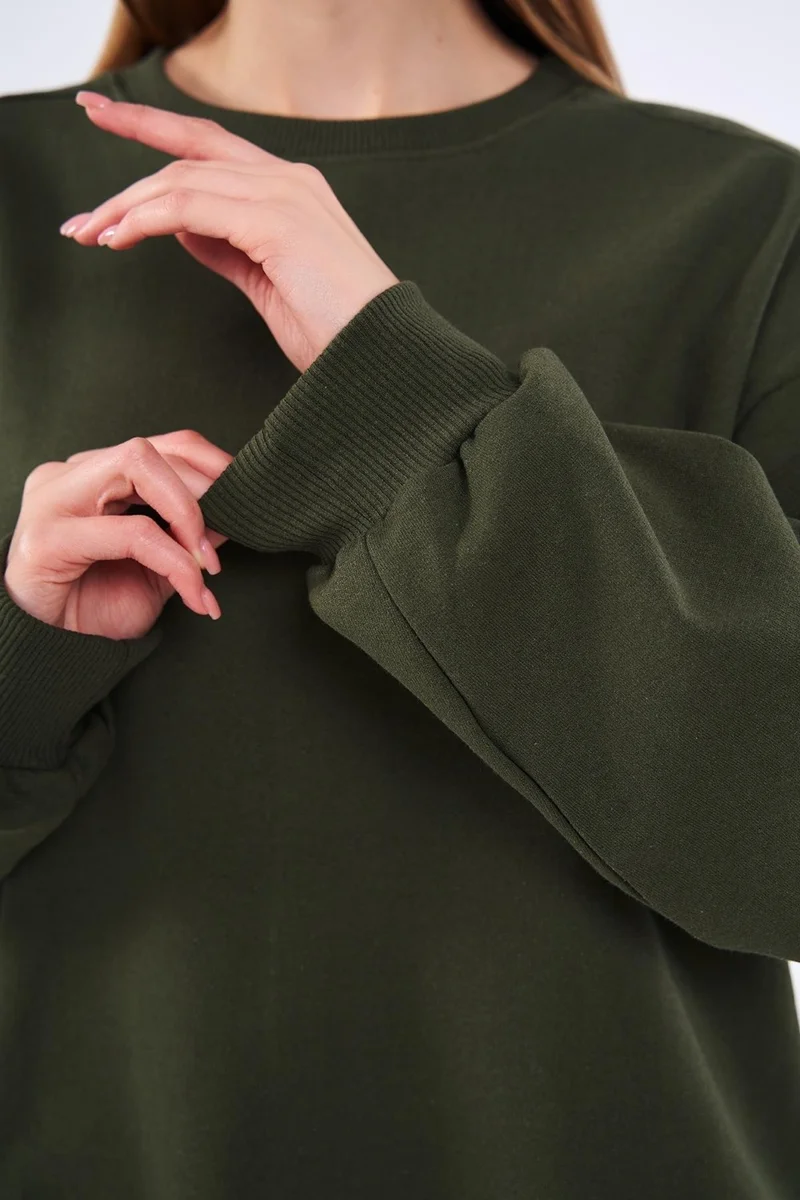 mmetalic Metalic Khaki Women's Cotton Oversize Basic Crew Neck Sweatshirt