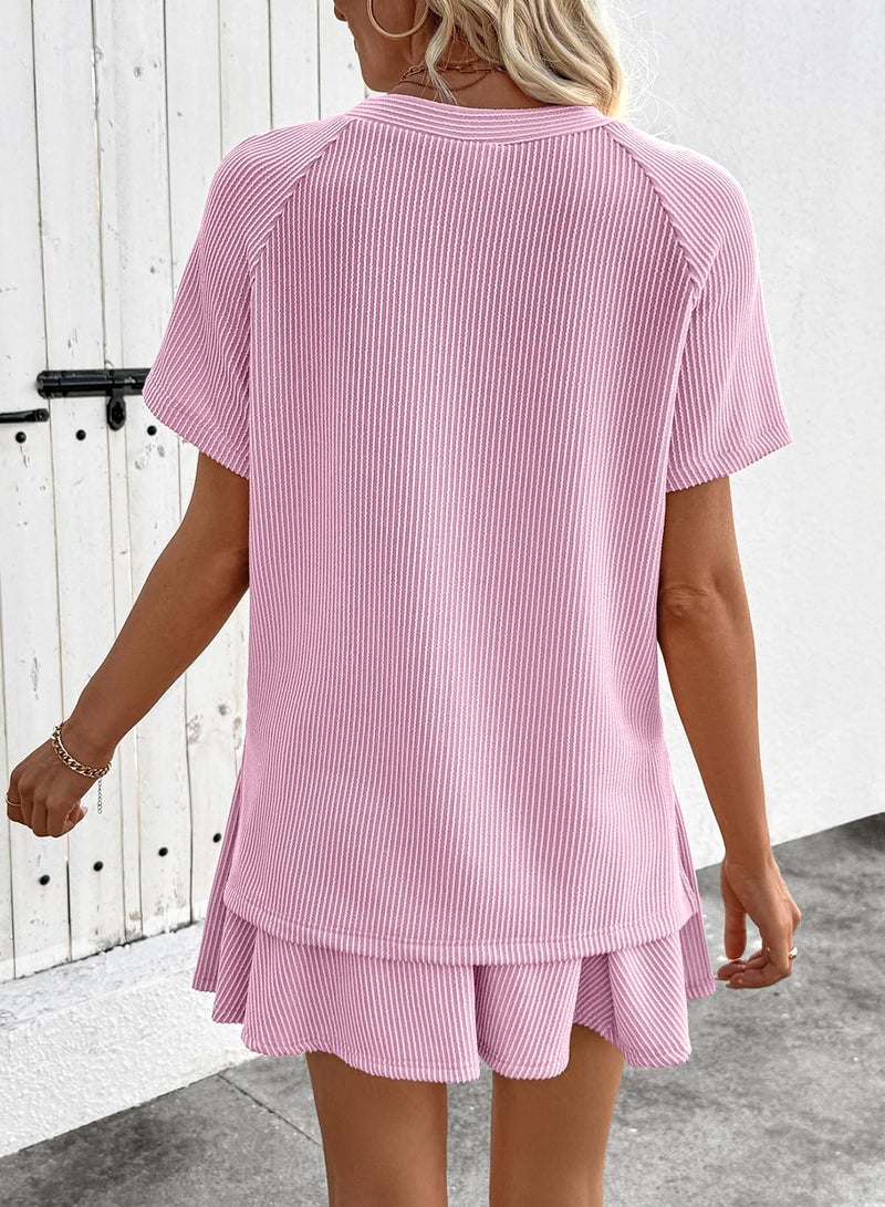 EVALESS Womens Two Piece Sets Summer Lounge Set Ribbed Knit Short Sleeve Tops Matching Lined Pleated Mini Skirt 2026 Fashion 2 Piece Outfits Going Out Vacation Travel Clothing Pink Small - Image 4