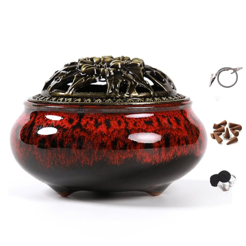 LamDawn Incense Burner with Calabash Incense Stick Holder - Porcelain Charcoal Censer for Use with Resin Granular Powder Cone or Coil Incense (Fambe Red) - Image 1