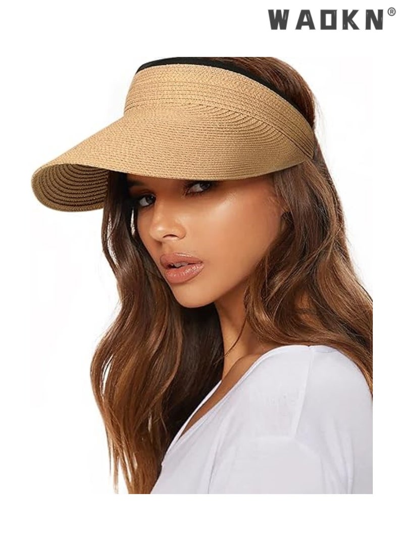 WAOKN Women's Elegant Straw Sun Visor Hat - Chic Khaki Sun Visors Specifically Designed for Women,Perfect for Protecting Against Harmful UV Rays While Adding a Touch of Style to Any Outdoor Activity - Image 1