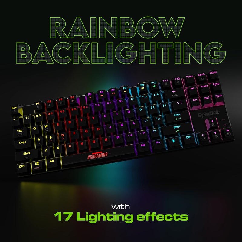 SpinBot لوحة مفاتيح الألعاب الميكانيكية Rage MK87 - مفتاح أحمر خطي | تصميم مدمج 87 مفتاح TKL | إضاءة RGB متعددة الألوان نابضة بالحياة | 26 مفتاح مضاد للتخيل | بناء ABS متين | توصيل وتشغيل USB - Image 4