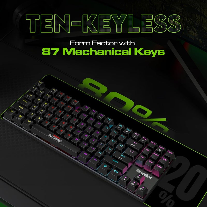 SpinBot لوحة مفاتيح الألعاب الميكانيكية Rage MK87 - مفتاح أحمر خطي | تصميم مدمج 87 مفتاح TKL | إضاءة RGB متعددة الألوان نابضة بالحياة | 26 مفتاح مضاد للتخيل | بناء ABS متين | توصيل وتشغيل USB - Image 3