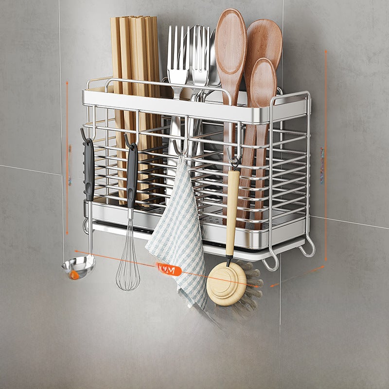 Stainless Steel Chopstick Barrel Storage Rack Exquisite Wall-Mounted Household Chopstick Barrel Kitchen Knife and Fork Drain Storage Box Chopstick Basket Chopsticks(Silver three-tube flat iron) - Image 1