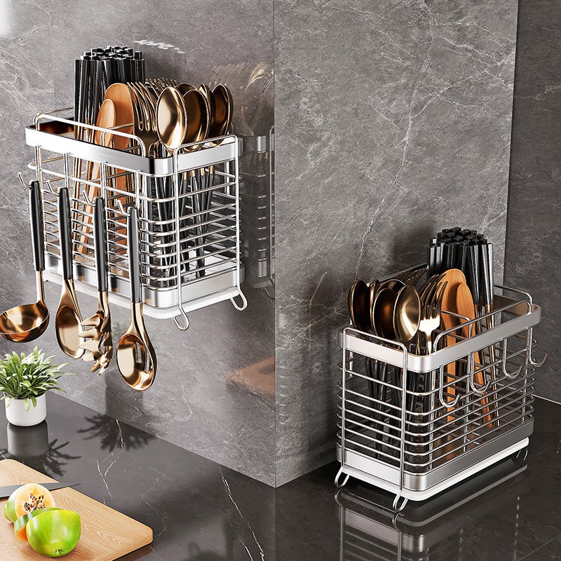 Stainless Steel Chopstick Barrel Storage Rack Exquisite Wall-Mounted Household Chopstick Barrel Kitchen Knife and Fork Drain Storage Box Chopstick Basket Chopsticks(Silver three-tube flat iron) - Image 4