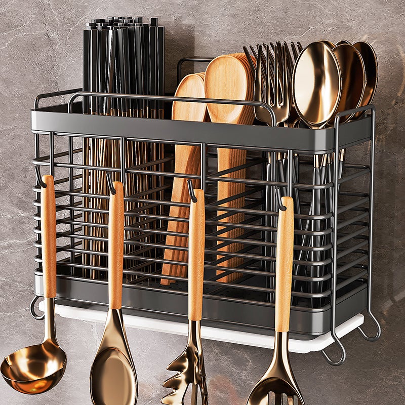 Stainless Steel Chopstick Barrel Storage Rack Exquisite Wall-Mounted Household Chopstick Barrel Kitchen Knife and Fork Drain Storage Box Chopstick Basket Chopsticks(Silver three-tube flat iron) - Image 3