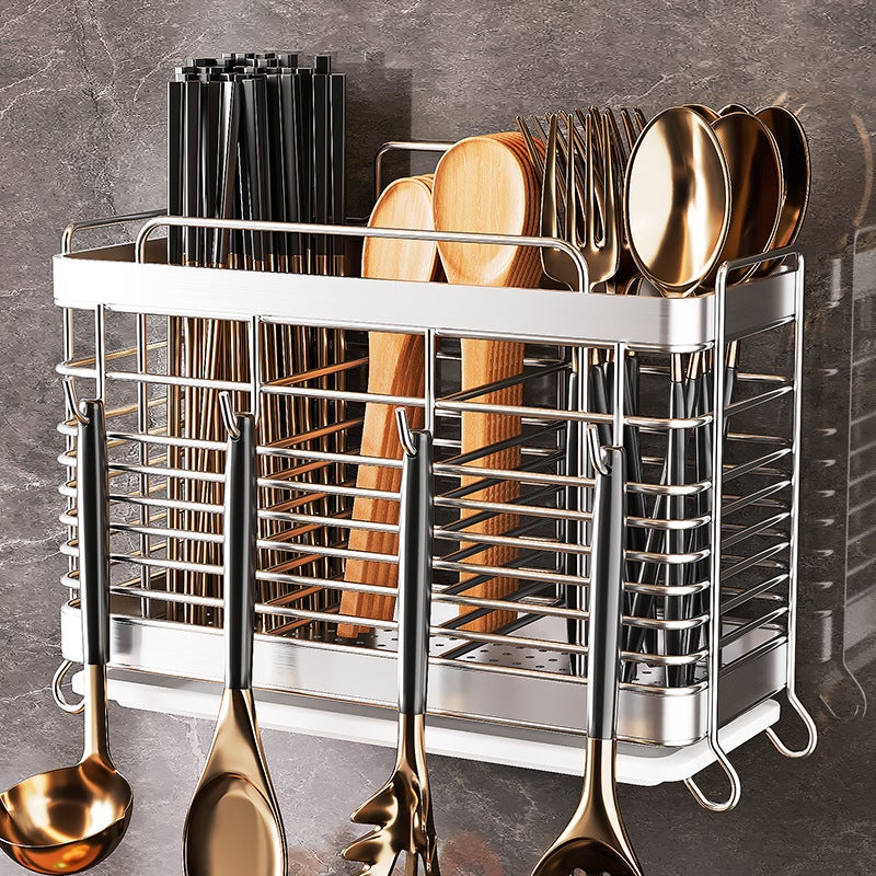 Stainless Steel Chopstick Barrel Storage Rack Exquisite Wall-Mounted Household Chopstick Barrel Kitchen Knife and Fork Drain Storage Box Chopstick Basket Chopsticks(Silver three-tube flat iron) - Image 2