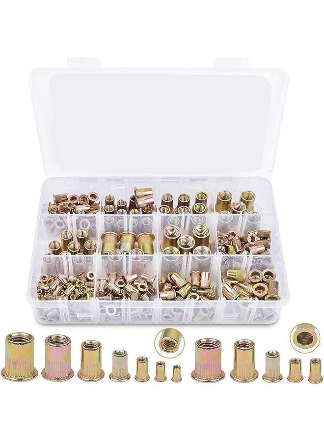 promass 230 Pieces SAE & Metric Rivet Nut Assortment Kit, Carbon Steel Rivet Nut M3-M12, #8-32, #10-24, 1/4"-20, 5/16"-18, 3/8"-16 Zinc Plated Flat Head Threaded Insert Nut