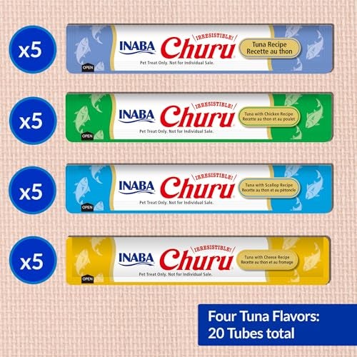 INABA Churu Cat Treats, Lickable, Squeezable Creamy Purée Cat Treat with Green Tea Extract & Taurine, 0.5 Ounces Each Tube, 20 Tubes, Tuna Variety Box - Image 3