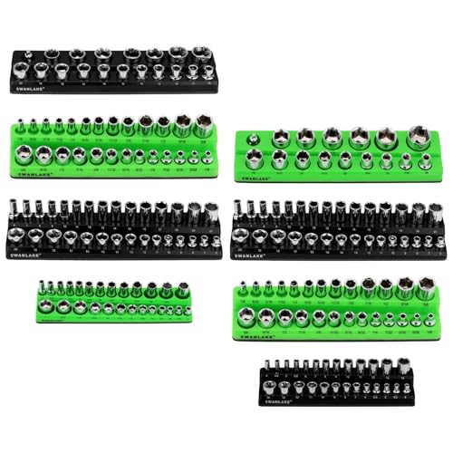 Magnetic Socket Organizer Holder Tool: 8PCS Set includes 2PCS 1/4", 4PCS 3/8", 2PCS 1/2" Drive Socket Storage Trays Toolboxs, Holding 199 Slots Soft Rubber Covering Black Green (sockets not included)