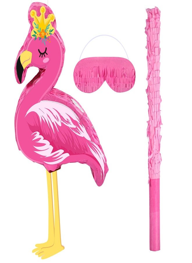 Threan Pink Flamingo Piñata Tropical Party Supplies Small Hawaiian Flamingo Piñata with Blindfold Stick for Pool Luau Hawaii Summer Theme Birthday Party Decorations, 16.1 x 11.8 x 3.1 Inch - Image 1