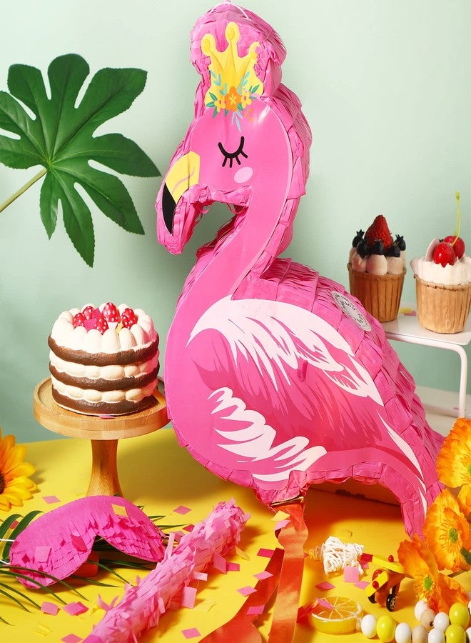 Threan Pink Flamingo Piñata Tropical Party Supplies Small Hawaiian Flamingo Piñata with Blindfold Stick for Pool Luau Hawaii Summer Theme Birthday Party Decorations, 16.1 x 11.8 x 3.1 Inch - Image 2