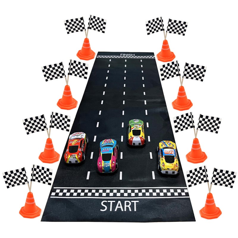 SPFYunion 41PCS Mini Race Car Table Game Set Mini Race Cars Traffic Cones Checkered Flags Racetrack Tablecloth for Doll House Decor Birthday Party Supplies - Image 1