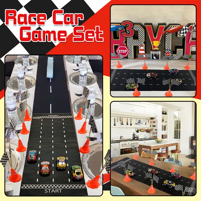 SPFYunion 41PCS Mini Race Car Table Game Set Mini Race Cars Traffic Cones Checkered Flags Racetrack Tablecloth for Doll House Decor Birthday Party Supplies - Image 5