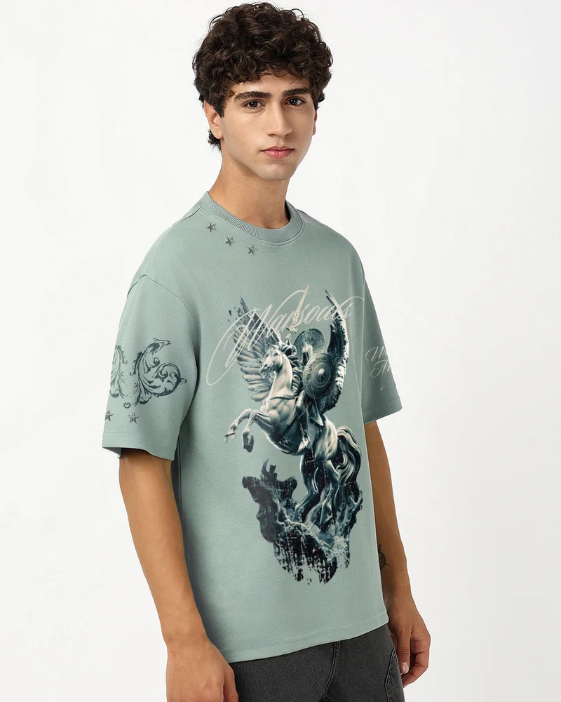 بيواكوف Men's Jadeite Green War Souls Graphic Printed Oversized T-shirt