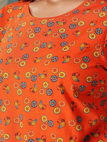 Clovia Women's Cotton Printed T-shirt & Pyjama Set (LS0039P16_Orange_3XL) - Image 4