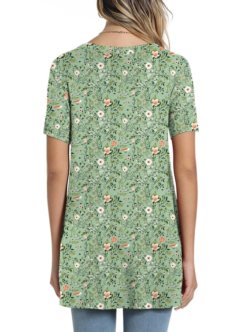 POPYOUNG Women's Summer Long Tunic Top To Wear With Leggings Short Sleeve Shirt Loose Fit Dressy XL, Flower Bird Green - Image 3