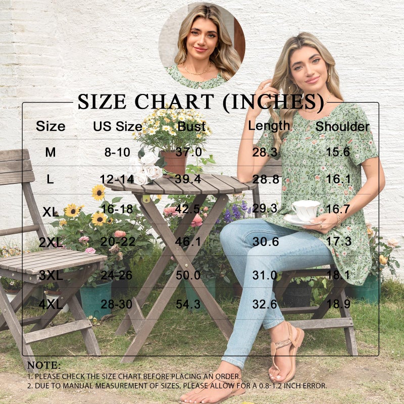 POPYOUNG Women's Summer Long Tunic Top To Wear With Leggings Short Sleeve Shirt Loose Fit Dressy XL, Flower Bird Green - Image 5