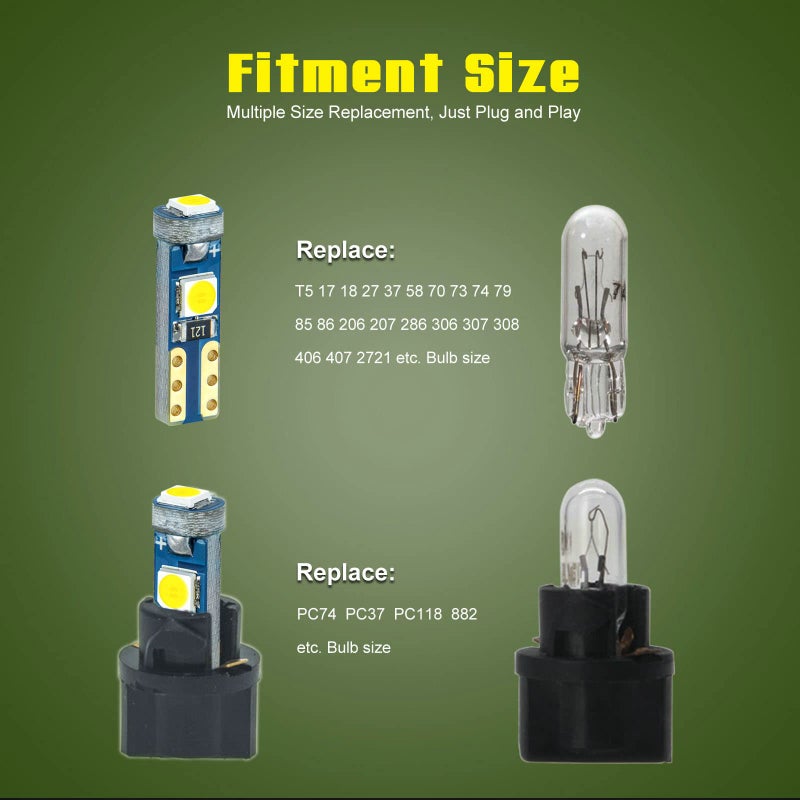 DODOFUN 12V White T5 37 74 73 2723 2721 T10 158 168 194 2825 with Socket Instrument Cluster Light LED Bulb Replacement Dashboard Panel Gauge Indicator Lamp PC74 PC37 PC118 PC168 PC175 PC194 PC195 PC160 PC161 - Image 4
