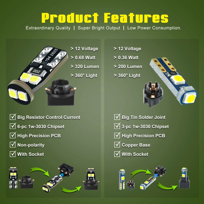 DODOFUN 12V White T5 37 74 73 2723 2721 T10 158 168 194 2825 with Socket Instrument Cluster Light LED Bulb Replacement Dashboard Panel Gauge Indicator Lamp PC74 PC37 PC118 PC168 PC175 PC194 PC195 PC160 PC161 - Image 5