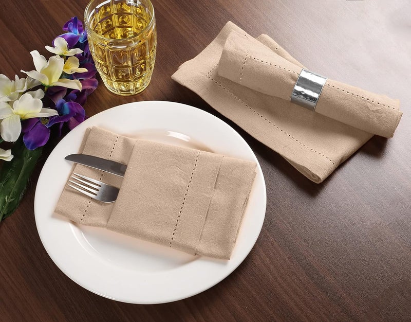 Palisa Cloth Dinner Napkins with Hemstitched Detailing Mitered Corners Set of 4 18x18 Inches Beige Cotton Reusable Dinner Napkins Perfect for Weddings Everyday Use - Image 5