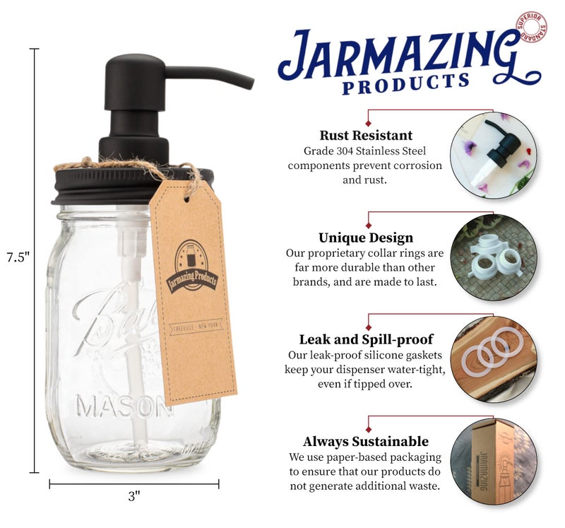 Jarmazing Products Mason Jar Soap Dispenser - Black - 16 oz Ball Mason Jar Liquid Soap Dispenser For Kitchen & Bathroom - Glass Soap Dispenser with Rust Proof Stainless Steel Soap Dispenser Pump & Lid - Image 2