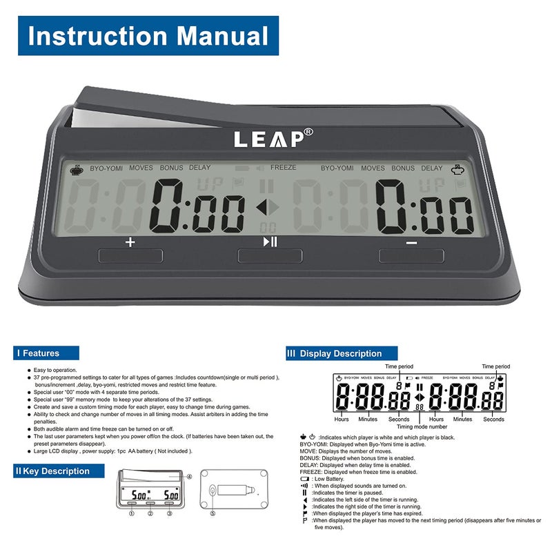 LEAP Chess Clock 9921 Updated Programme Byoyomi Delay Bonus with Large Screen - Image 3