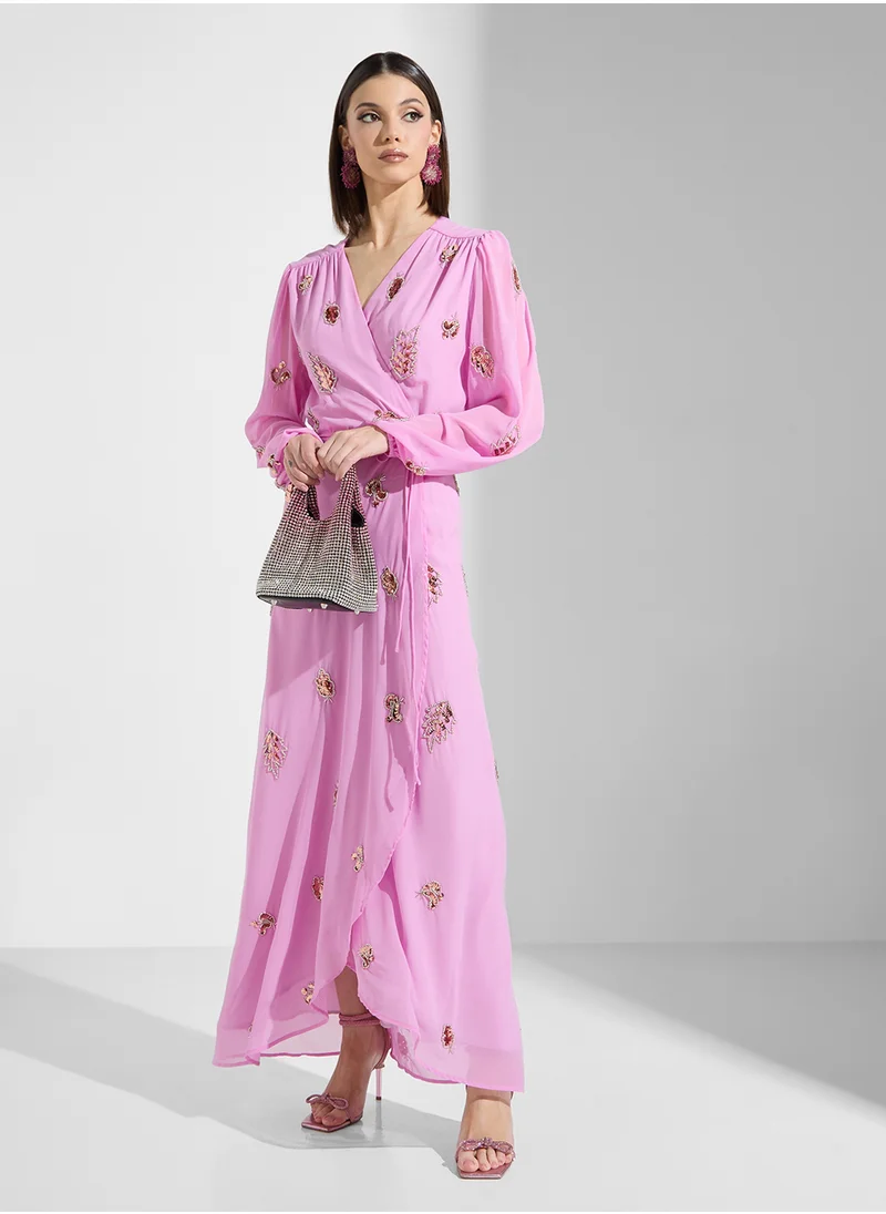 Hope & Ivy Blouson Sleeve Embellished Maxi Wrap Dress