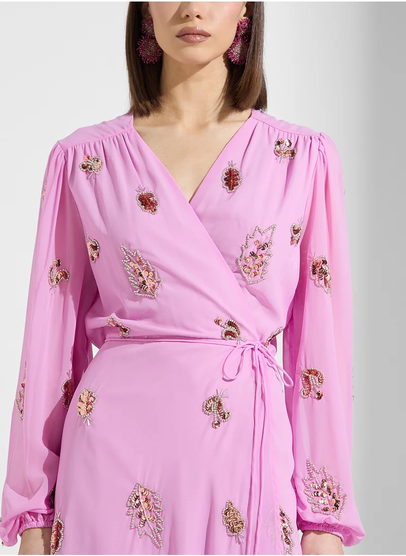 Hope & Ivy Blouson Sleeve Embellished Maxi Wrap Dress