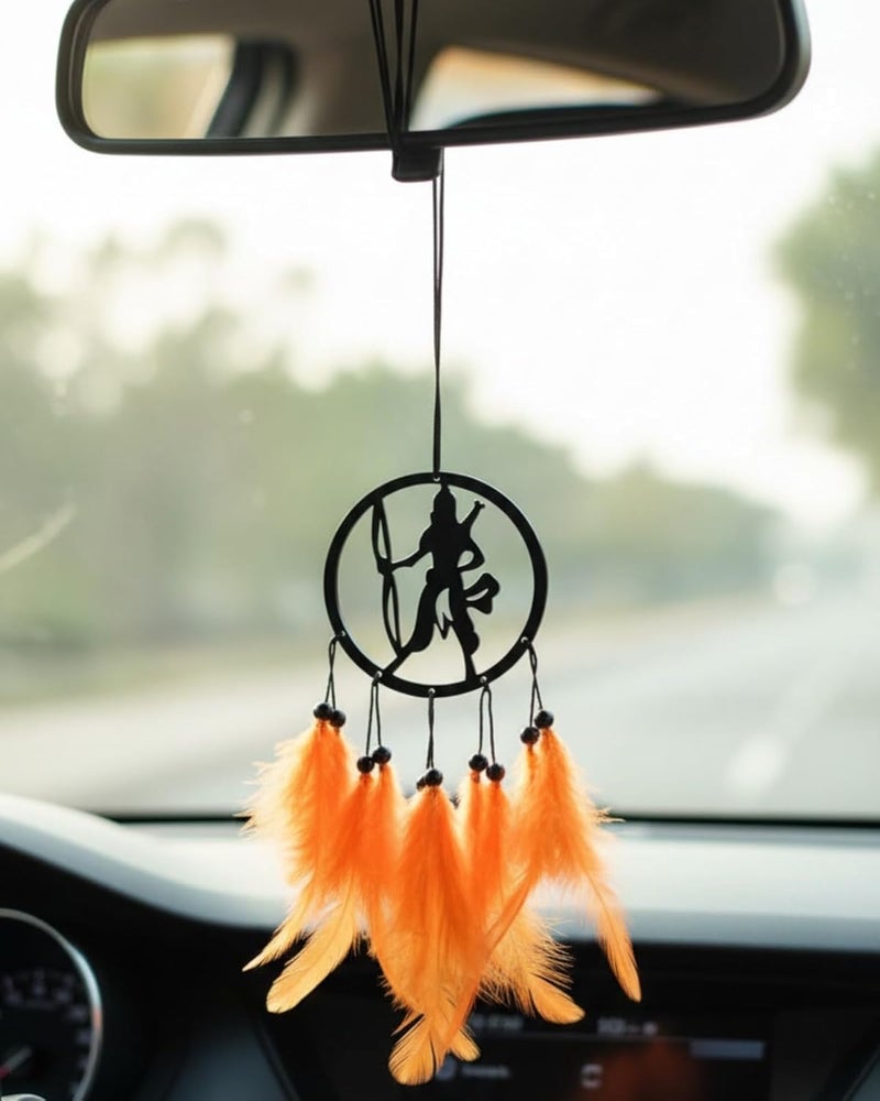 Decorative Car Rearview Mirror Hanging with Feathers, Acrylic Spiritual Accessory for Home, Car, Office Interior Decor (Shree ram)