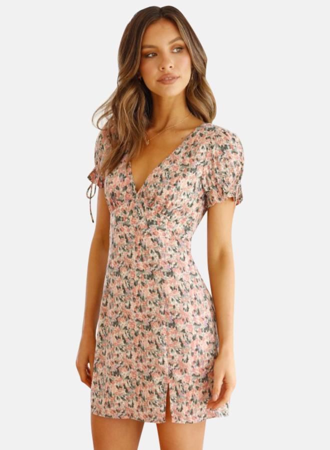 يونيكي فستان بياقة على شكل حرف  بنقشة الزهور - Image 4