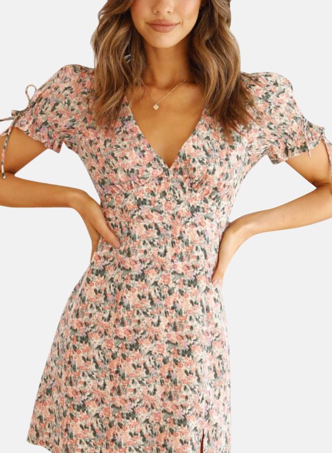 يونيكي فستان بياقة على شكل حرف  بنقشة الزهور - Image 2