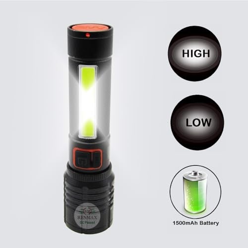 RENMAX Super Bright Hand Torch | Zoomable, 4-Light Modes with Emergency Light| 2000mAh Rechargeable Battery with C-Type Fast Charging | Rainproof Metal Body -1 Pc (14 Cm Black) - Image 2