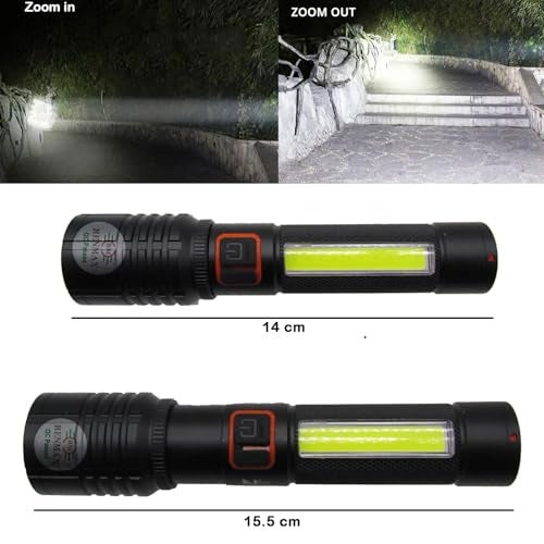 RENMAX Super Bright Hand Torch | Zoomable, 4-Light Modes with Emergency Light| 2000mAh Rechargeable Battery with C-Type Fast Charging | Rainproof Metal Body -1 Pc (14 Cm Black) - Image 3