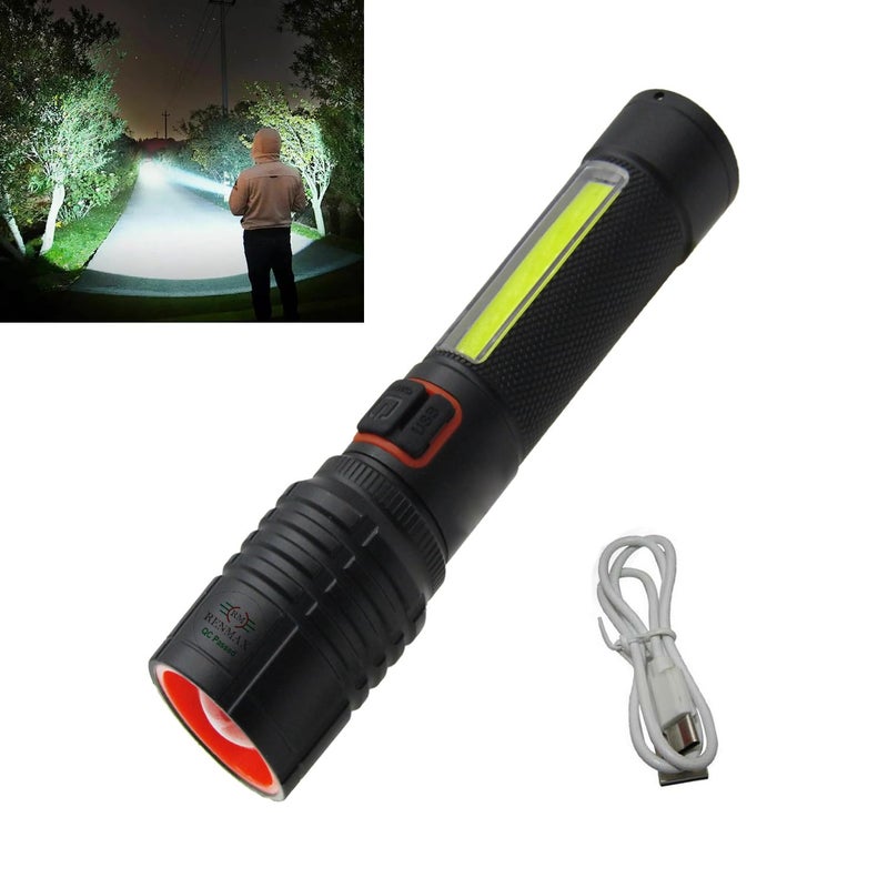 RENMAX Super Bright Hand Torch | Zoomable, 4-Light Modes with Emergency Light| 2000mAh Rechargeable Battery with C-Type Fast Charging | Rainproof Metal Body -1 Pc (14 Cm Black) - Image 5