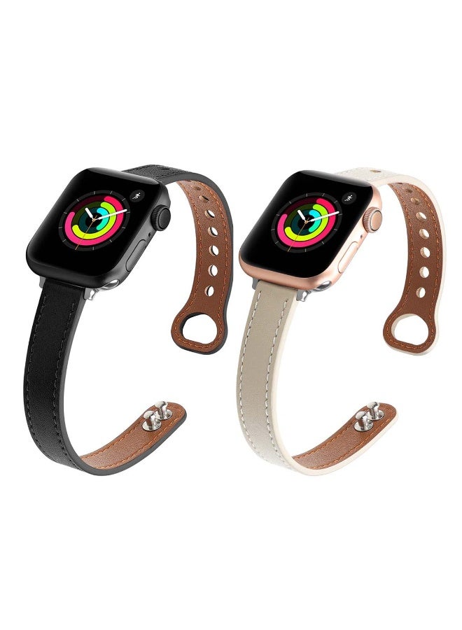 نيكور حزام جلدي نحيف لساعة Apple Watch (مقاسات 38/40/41/42 مم) - طقم من قطعتين - حزام بديل نحيف لساعات iWatch Ultra 2 وSE وSeries 11/10/9/8/7/6/5/4/3/2/1 (اللون: أسود وكريمي) - Image 1